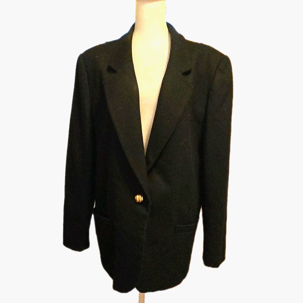 Koret Vtg 100% Wool Single Gold Button Black Blazer Notched Lapel Shoulder Pads